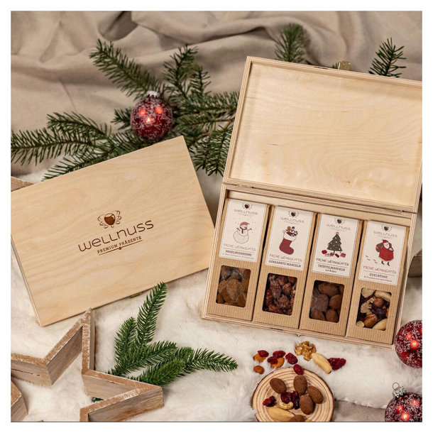 4 Premium Snacks in der Birkenholzbox - Weihnachts-Edition