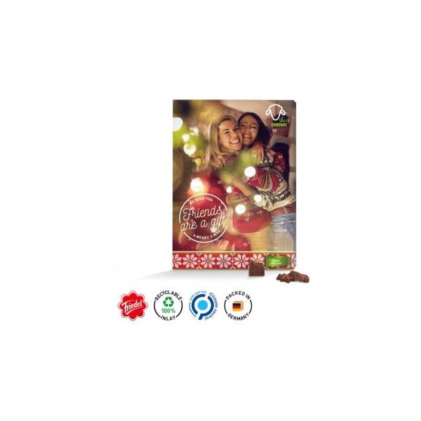 Classic Wand Adventskalender Vollkartonhülle, Hochformat, weiß Kalenderblister mit 24 Friedel Schokotäfelchen Vollmilch