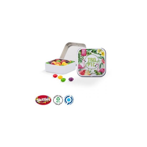 Dose Quadratisch, weiß Scharnierdeckeldose, weiß Skittles Fruits Kaubonbons