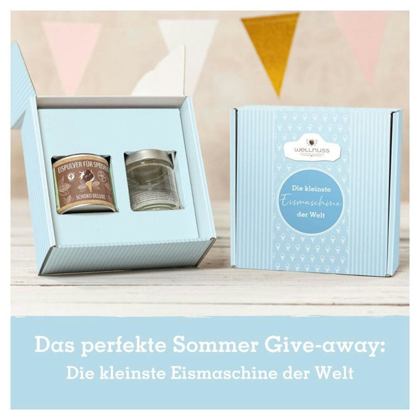 Eismixglas und Eispulver in der Dose im Geschenkkarton