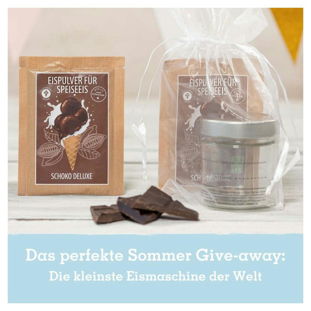 Eismixglas und Portionsbeutel im transparenten Säckchen