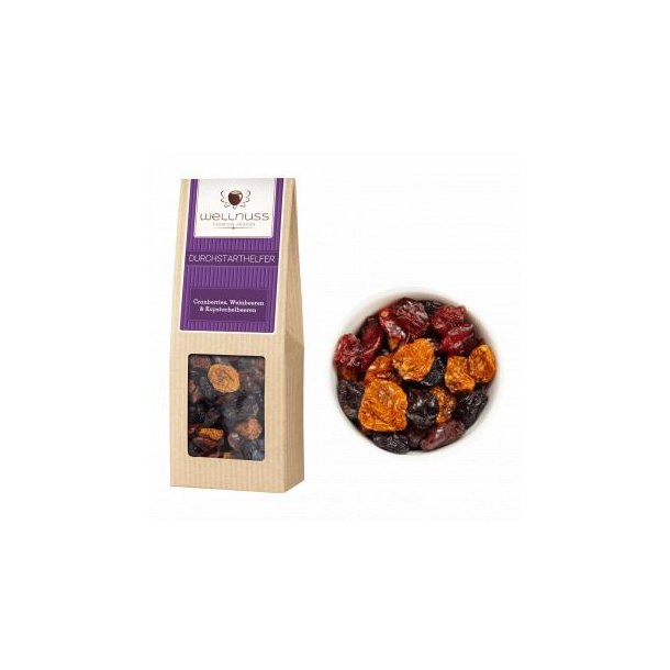 Faltschachtel mit einem Fruchtmix aus Weinbeeren, Cranberries und Kapstachelbeeren
