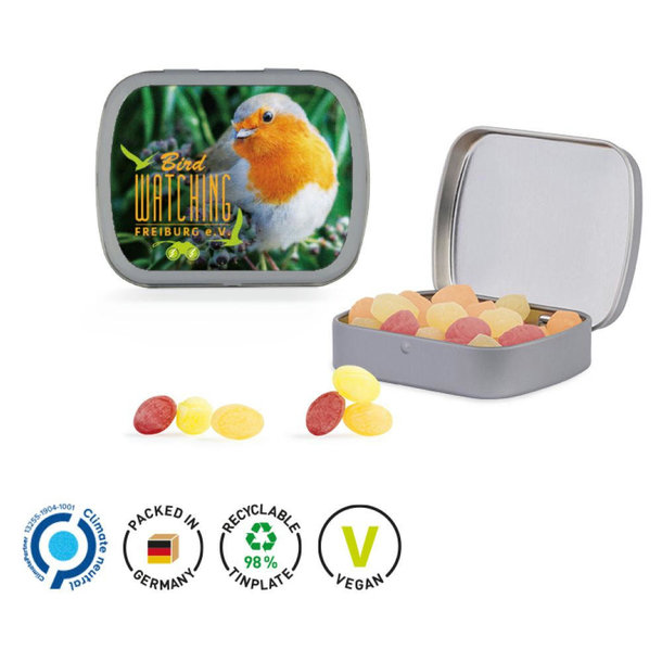 Klappdose Scharnierdeckeldose, matt-silber Frucht Mix Bonbon, Micro