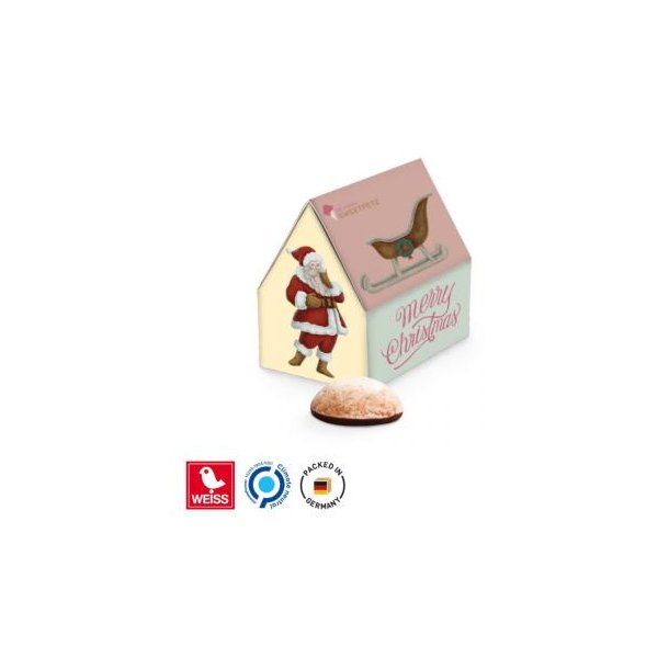 Lebkuchen Haus Werbeverpackung aus weißem Karton WEISS 4er Lebkuchen Mini mit Schokoladenboden