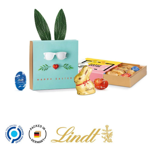 Lindt Präsent Werbeschuber "Hasenohren" aus weißem Karton Kleine Kostbarkeiten, Goldhase