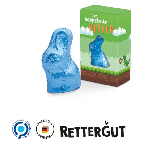 Osterhase Mini in der Werbebox Vollkartonhülle, weiß Rettergut Osterhase, Vollmilchschokolade, blau