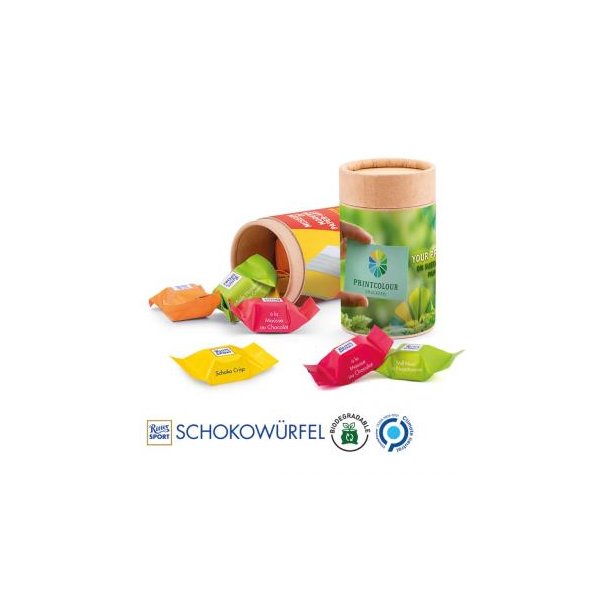 Papierdose Eco Midi Werbeetikett aus weißem Papier Ritter SPORT Schokowürfel Mischung: Schoko Crisp, Mousse au Chocolat, Vollnuss in Nugatcreme, Karamell Duo