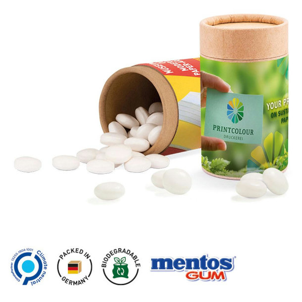Papierdose Eco Midi Werbeetikett aus weißem Papier Mentos Gum Peppermint zuckerfrei