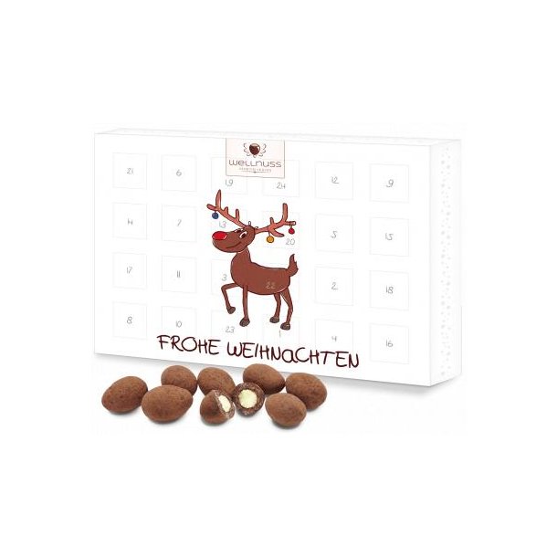 Premium Adventskalender gefüllt mit Haselnusskernen in Zimt-Vollmilch-Schokolade - Mit Kundenlogo