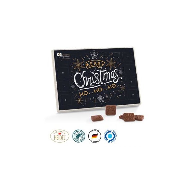 Premium Tisch Adventskalender Deckblatt, weiße Kartonage Tiefziehteil kompostierbar weiß Kalenderblister 50g Alpenmilch 31%Kakao