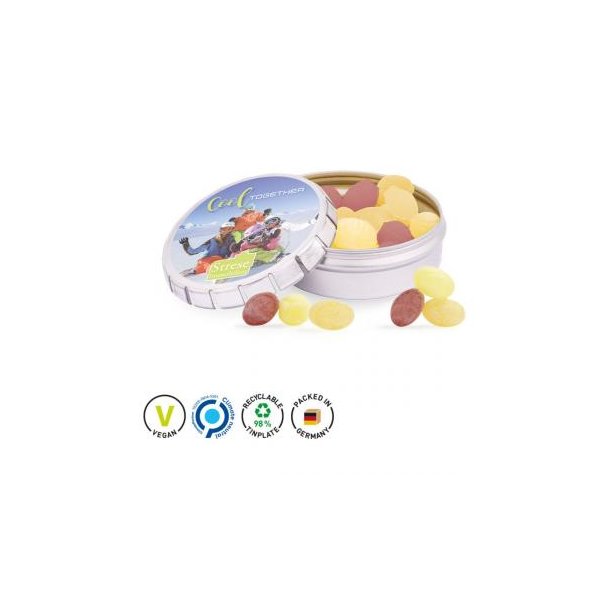 Quick Box Springdeckel aus Metall, silber Metallunterteil, silber Frucht Mix Bonbon, Micro