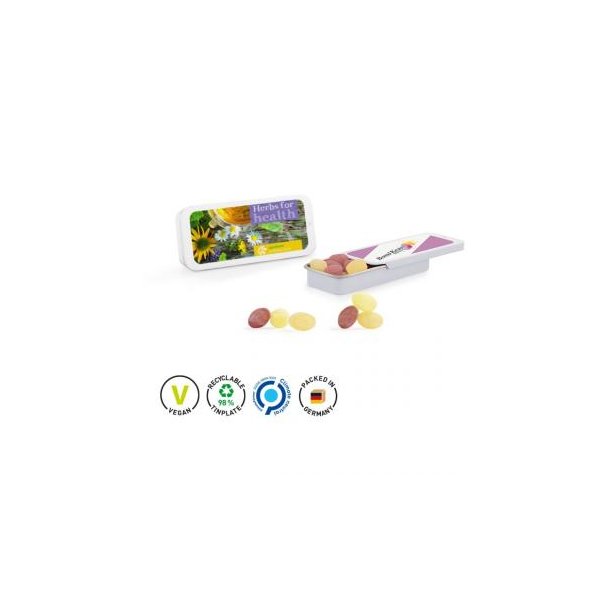 Schiebedeckeldose, weiß Deckel aus Metall Unterteil aus Metall Frucht Mix Bonbon, Micro