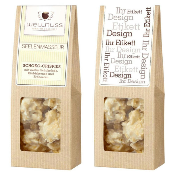 Faltschachtel - Seelenmasseur - Schoko-Crispies mit weißer Schokolade, Kürbiskernen und Erdbeere