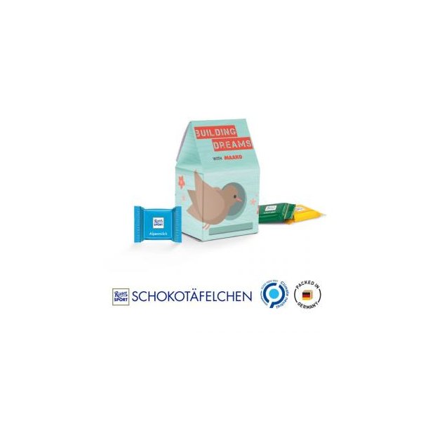 Standbodenbox Werbeverpackung aus weißem Karton 6 Ritter SPORT Schokotäfelchen Mischung: Alpenmilch, Knusperflakes, Mandel