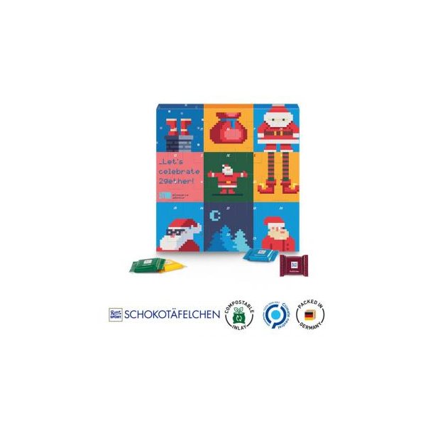Täfelchen Adventskalender Vollkartonhülle, weiß 24 Ritter SPORT Schokotäfelchen Mischung: Alpenmilch, Knusperflakes, Mandel, Halbbitter