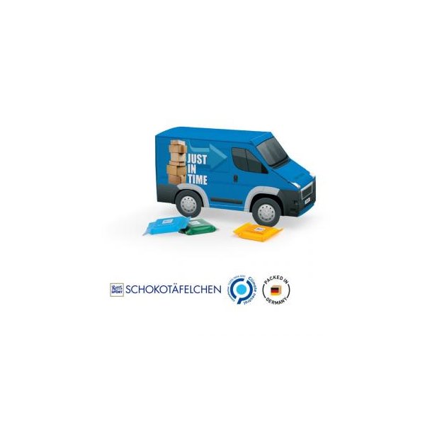 Transporter Präsent Vollkartonhülle, weiß Ritter SPORT Schokotäfelchen, gemischt