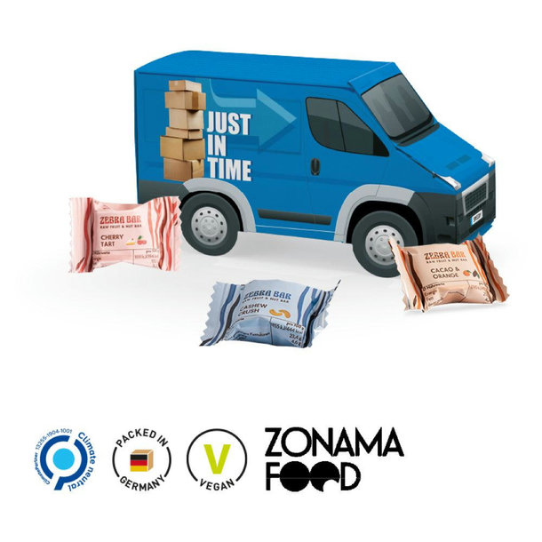 Transporter Präsent Vollkartonhülle, weiß Zebra Bar Mini, 3 Sorten gemischt
