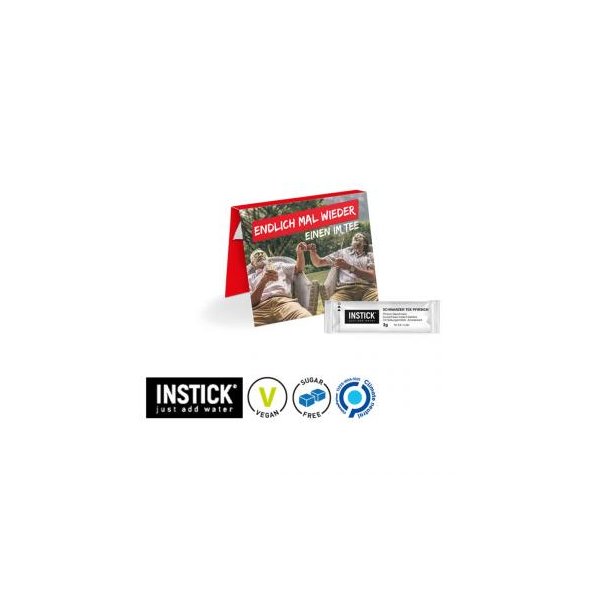 Werbekarte mit INSTICK® Getränkepulver "Eistee Pfirsich"