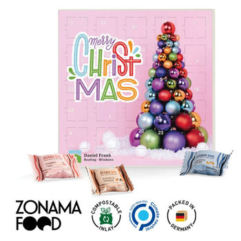 Adventskalender quadratisch Deckblatt, weiße Kartonage Tiefziehteil kompostierbar weiß Zebra Bar Mini, 3 Sorten gemischt