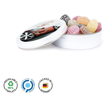 Bonbondose Midi Stülpdeckel aus Metall, weiß Metallunterteil, weiß ungewickelte Bonbons, Kräutermischung, diverse Formen