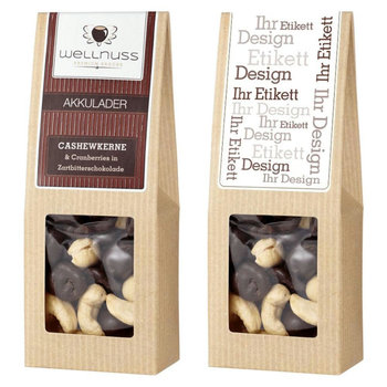 Faltschachtel - Akkulader - Cranberries in Zartbitterschokolade & Cashewkerne