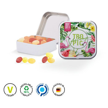 Dose Quadratisch, weiß Scharnierdeckeldose, weiß Frucht Mix Bonbon, Micro