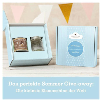 Eismixglas und Eispulver in der Dose im Geschenkkarton