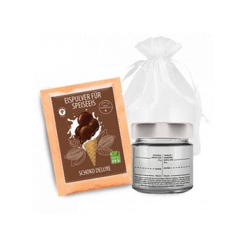 Eismixglas und Portionsbeutel Eispulver im transparenten Säckchen "Schoko Deluxe" oder "Vanille Royale"