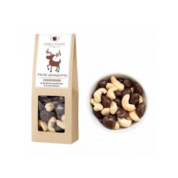 Faltschachtel mit Cranberries in Zartbitterschokolade und Cashewkernen im Weihnachtsdesign 