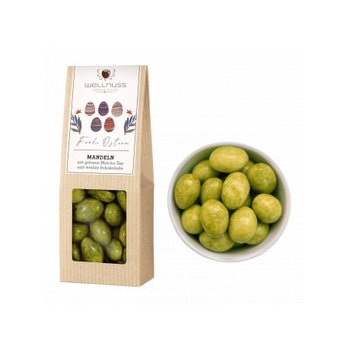 Faltschachtel mit Mandeln in weißer Schokolade und grünem Matchatee im Osterdesign 