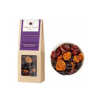 Faltschachtel mit einem Fruchtmix aus Weinbeeren, Cranberries und Kapstachelbeeren