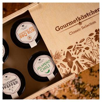 Gourmetkästchen mit 4 Gourmet Gewürzen - Tellicherry Pfeffer,   Kristallsalz, Jalapeno Chili grün und Jamaican BBQ Rub
