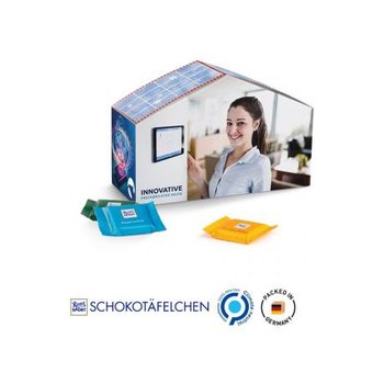 Haus Präsent Vollkartonhülle, weiß Ritter SPORT Schokotäfelchen, gemischt