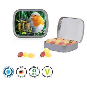 Klappdose Scharnierdeckeldose, matt-silber Frucht Mix Bonbon, Micro
