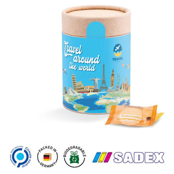Papierdose Eco Maxi Werbeetikett aus weißem Papier Sadex Traubenzuckertabletten