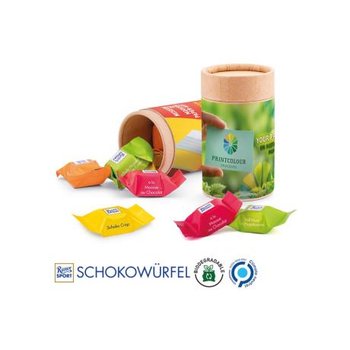 Papierdose Eco Midi Werbeetikett aus weißem Papier Ritter SPORT Schokowürfel Mischung: Schoko Crisp, Mousse au Chocolat, Vollnuss in Nugatcreme, Karamell Duo