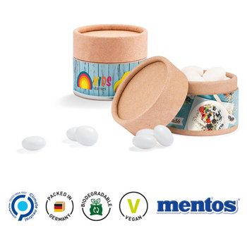 Papierdose Eco Mini Werbeetikett aus weißem Papier Mentos Kaudragee Mint