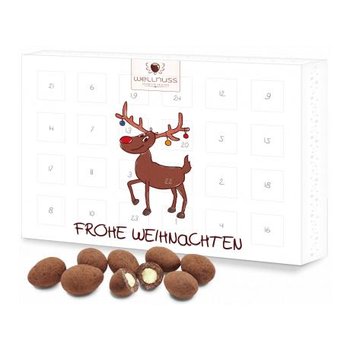 Premium Adventskalender gefüllt mit Haselnusskernen in Zimt-Vollmilch-Schokolade - Mit Kundenlogo