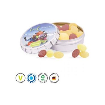 Quick Box Springdeckel aus Metall, silber Metallunterteil, silber Frucht Mix Bonbon, Micro