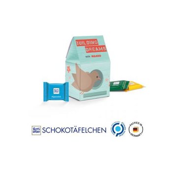 Standbodenbox Werbeverpackung aus weißem Karton 6 Ritter SPORT Schokotäfelchen Mischung: Alpenmilch, Knusperflakes, Mandel