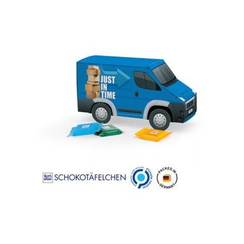 Transporter Präsent Vollkartonhülle, weiß Ritter SPORT Schokotäfelchen, gemischt