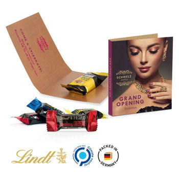Werbekarte Midi aus weißem Karton mit Abreißperforation (Rücken 14mm) Lindt HELLO Mini Sticks Mischung: Crunchy Nougat, Strawberry Cheesecake, Cookies and Cream, Salted Caramel