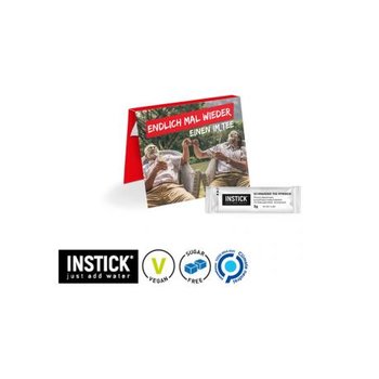 Werbekarte mit INSTICK® Getränkepulver "Eistee Pfirsich"